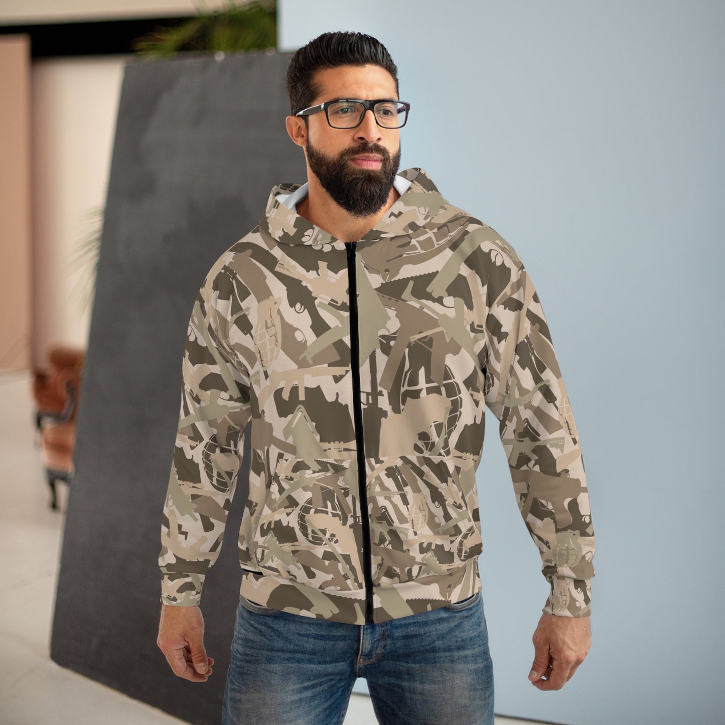 Unisex Military Print Zip Hoodie - Camouflage Design for Adventurers and Outdoor Enthusiasts