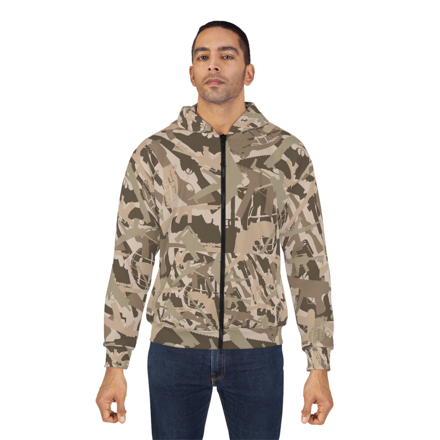 Unisex Military Print Zip Hoodie - Camouflage Design for Adventurers and Outdoor Enthusiasts