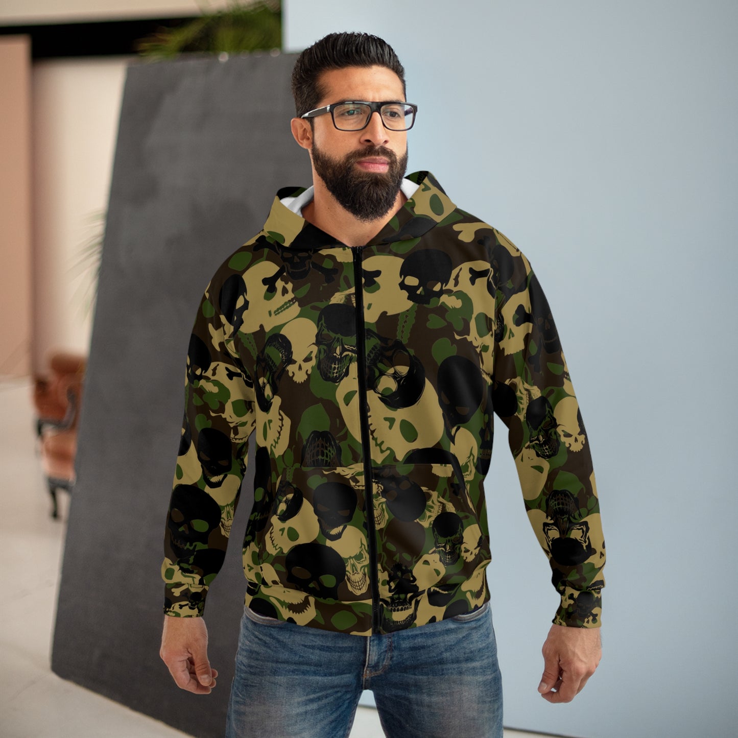 Skull Camo Unisex Zip Hoodie | Edgy Streetwear for Halloween & Everyday Style