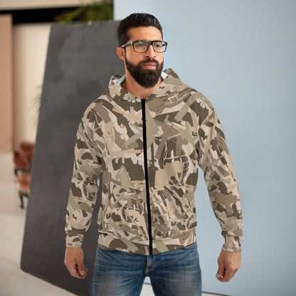 Unisex Military Print Zip Hoodie - Camouflage Design for Adventurers and Outdoor Enthusiasts